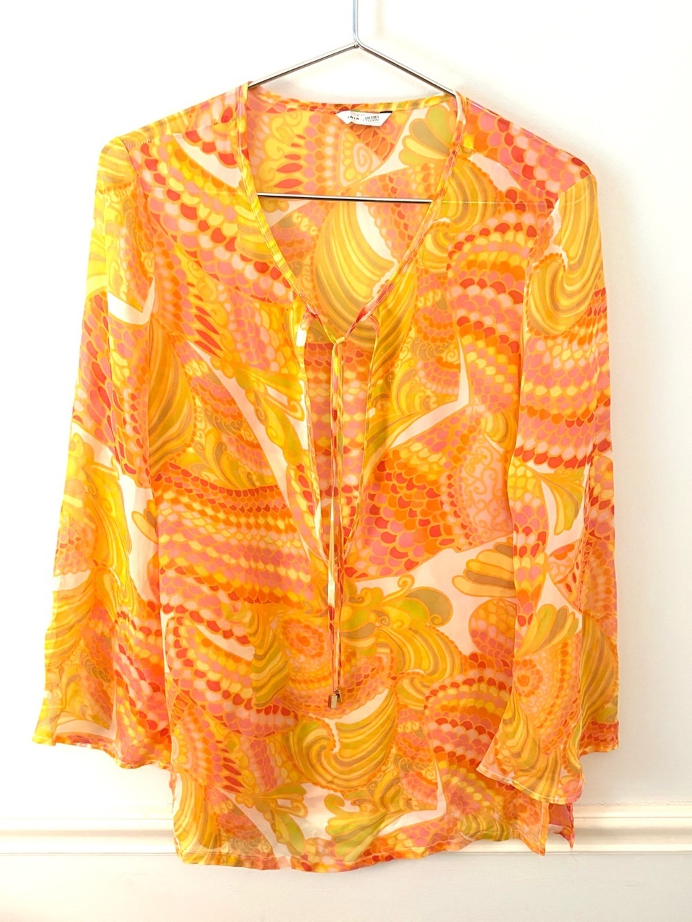 TINA TURK Sheer Silk Pisces Print Blouse, yellow and orange